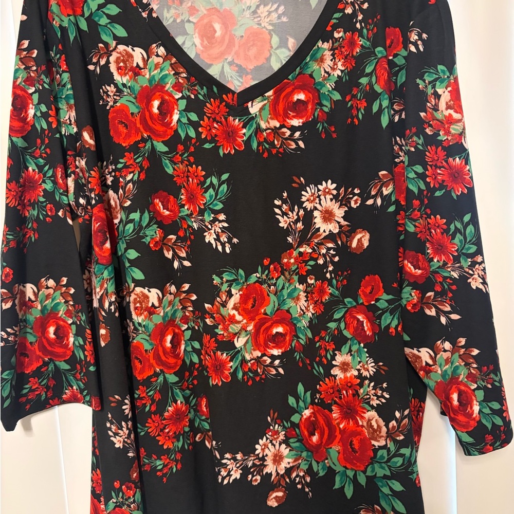 The Pioneer Woman Black Blouse with Red and Green Floral Design